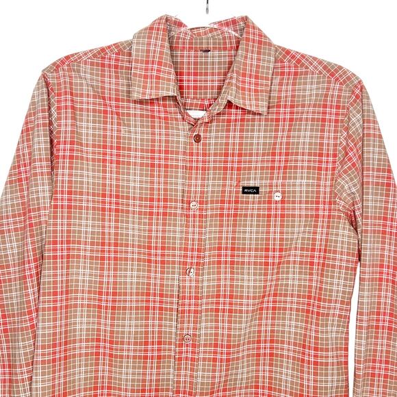 RVCA Long Sleeve Button-Down Shirt Classic Fit Check Plaid Orange Taupe Size M - Picture 2 of 8